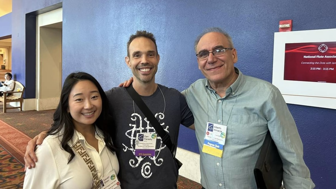 Assistant Program Chair Sarah Shin, Flute Choir Coordinator Dan Parasky, and Program Chair Alberto Almarza